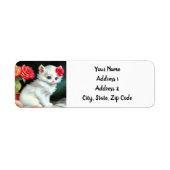  White Kitten Illustratie met Red Flowers Etiket (Voorkant)