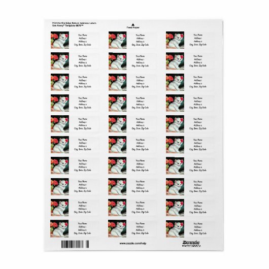  White Kitten Illustratie met Red Flowers Etiket (Full Sheet)