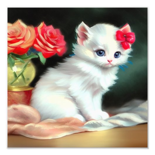  White Kitten Illustratie met Red Flowers Foto Afdruk (Voorkant)