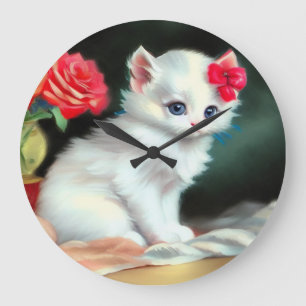 White Kitten Illustratie met Red Flowers Grote Klok