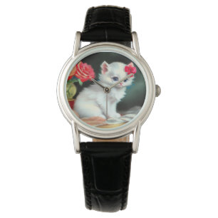 White Kitten Illustratie met Red Flowers Horloge