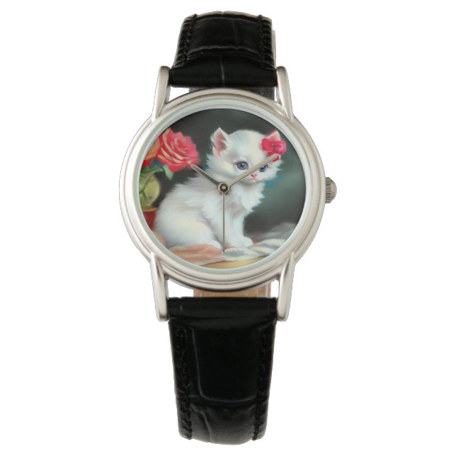  White Kitten Illustratie met Red Flowers Horloge (Voorkant)