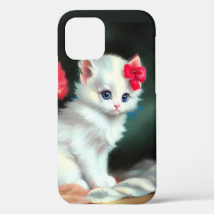  White Kitten Illustratie met Red Flowers iPhone 12 Hoesje