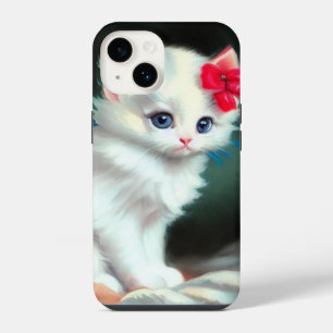 White Kitten Illustratie met Red Flowers iPhone 14 Hoesje