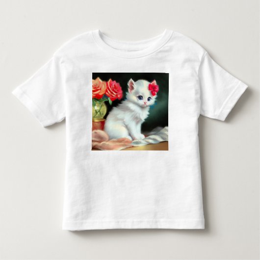  White Kitten Illustratie met Red Flowers Kinder Shirts (Voorkant)