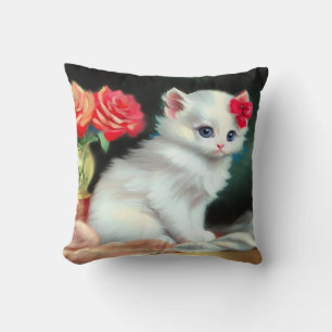 White Kitten Illustratie met Red Flowers Kussen