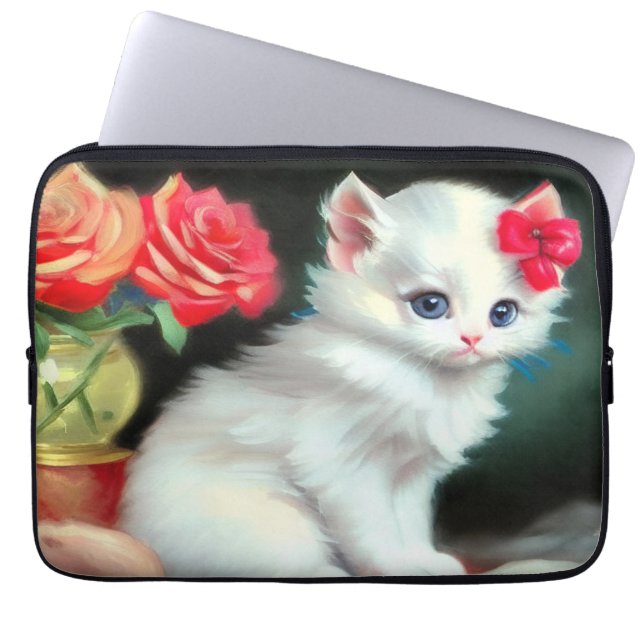  White Kitten Illustratie met Red Flowers Laptop Sleeve (Voorkant)