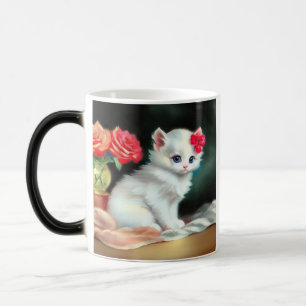White Kitten Illustratie met Red Flowers Magische Mok
