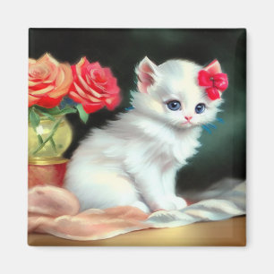 White Kitten Illustratie met Red Flowers Magneet