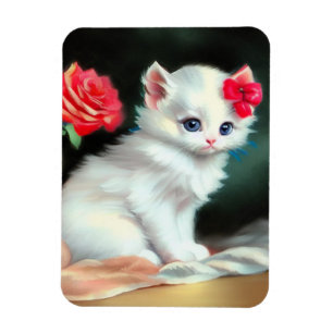  White Kitten Illustratie met Red Flowers Magneet
