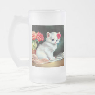 White Kitten Illustratie met Red Flowers Matglas Bierpul