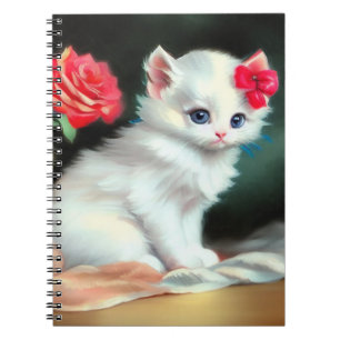  White Kitten Illustratie met Red Flowers Notitieboek