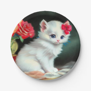 White Kitten Illustratie met Red Flowers Papieren Bordje