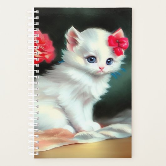White Kitten Illustratie met Red Flowers Planner (Voorkant)