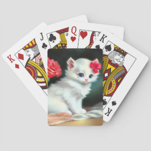  White Kitten Illustratie met Red Flowers Pokerkaarten
