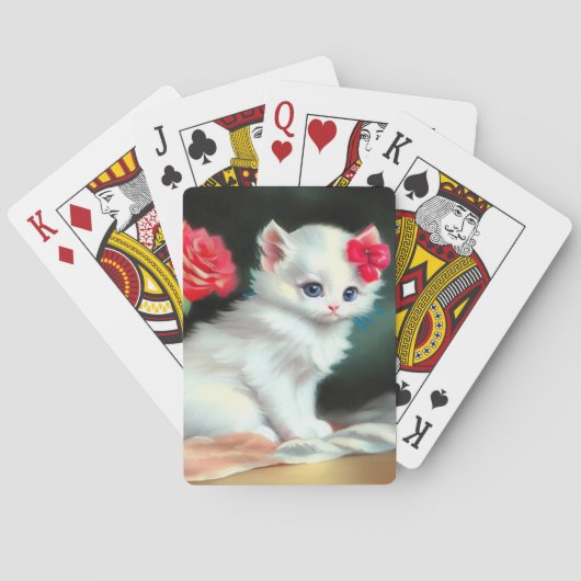  White Kitten Illustratie met Red Flowers Pokerkaarten (Achterkant)