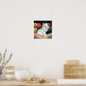  White Kitten Illustratie met Red Flowers Poster (Keuken)