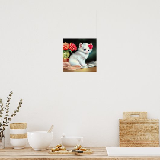  White Kitten Illustratie met Red Flowers Poster (Keuken)
