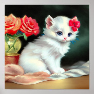  White Kitten Illustratie met Red Flowers Poster