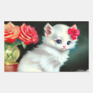 White Kitten Illustratie met Red Flowers Rechthoekige Sticker