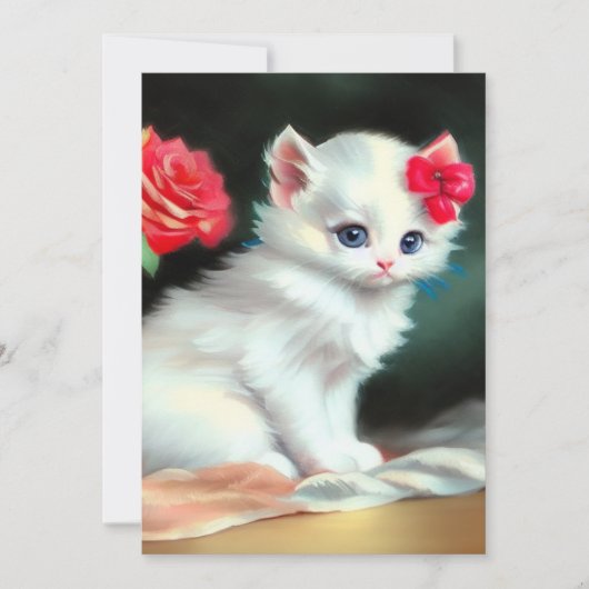 White Kitten Illustratie met Red Flowers Save The Date (Voorkant)