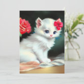 White Kitten Illustratie met Red Flowers Save The Date (Staand voorkant)