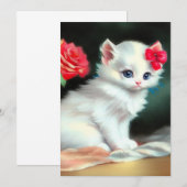 White Kitten Illustratie met Red Flowers Save The Date (Voorkant / Achterkant)