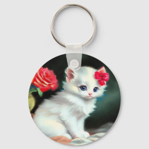 White Kitten Illustratie met Red Flowers Sleutelhanger