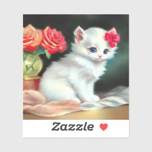  White Kitten Illustratie met Red Flowers Sticker (Vel)