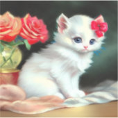  White Kitten Illustratie met Red Flowers Sticker (Voorkant)