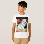  White Kitten Illustratie met Red Flowers T-shirt (Voorkant volledig)