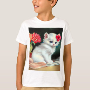  White Kitten Illustratie met Red Flowers T-shirt