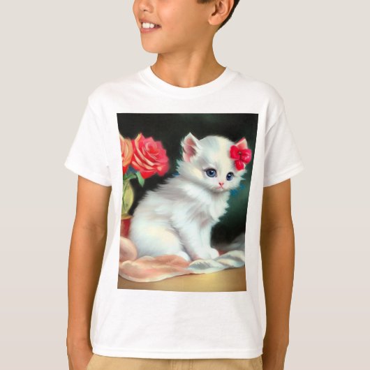  White Kitten Illustratie met Red Flowers T-shirt (Voorkant)