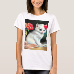 White Kitten Illustratie met Red Flowers T-shirt