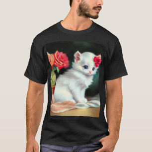  White Kitten Illustratie met Red Flowers T-shirt