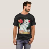  White Kitten Illustratie met Red Flowers T-shirt (Voorkant volledig)