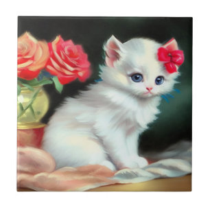  White Kitten Illustratie met Red Flowers Tegeltje