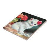  White Kitten Illustratie met Red Flowers Tegeltje (Zijkant)