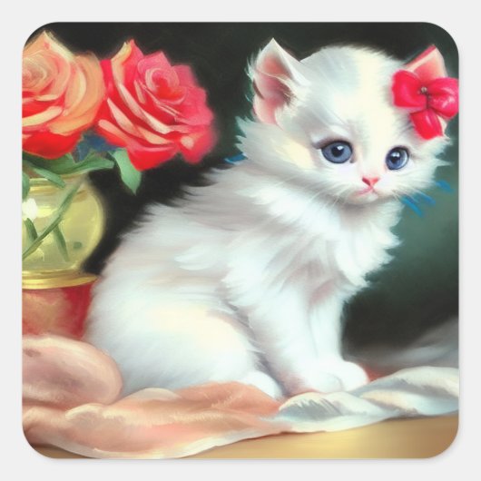  White Kitten Illustratie met Red Flowers Vierkante Sticker (Voorkant)