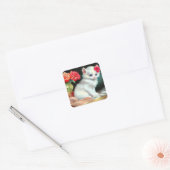  White Kitten Illustratie met Red Flowers Vierkante Sticker (Envelop)