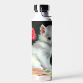 White Kitten Illustratie met Red Flowers Waterfles (Links)