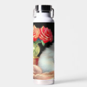 White Kitten Illustratie met Red Flowers Waterfles (Voorkant)