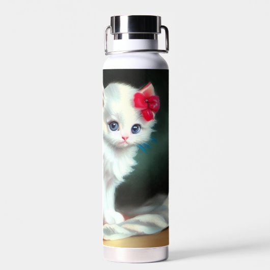 White Kitten Illustratie met Red Flowers Waterfles (Achterkant)