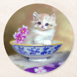 White Kitten Illustratie Ronde Kartonnen Onderzetter