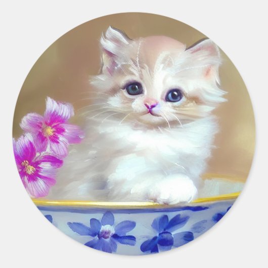 White Kitten Illustratie Ronde Sticker (Voorkant)