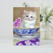 White Kitten Illustratie RSVP Kaartje (Staand voorkant)