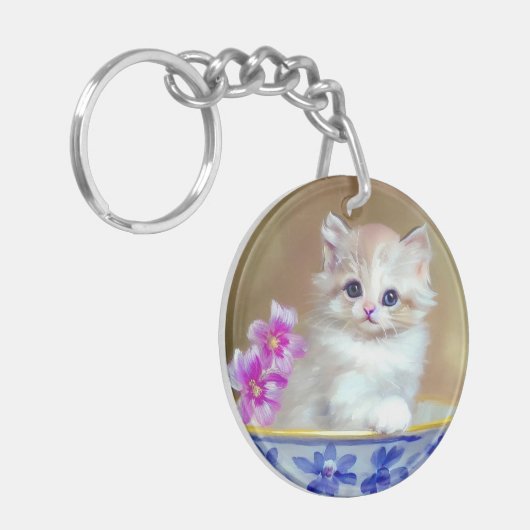 White Kitten Illustratie Sleutelhanger (Voorkant Links)