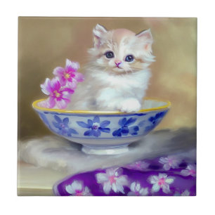 White Kitten Illustratie Tegeltje