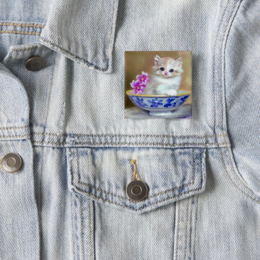  White Kitten Illustratie Vierkante Button 5,1 Cm (In situ)