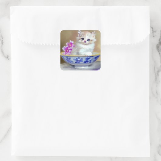  White Kitten Illustratie Vierkante Sticker (Tas)
